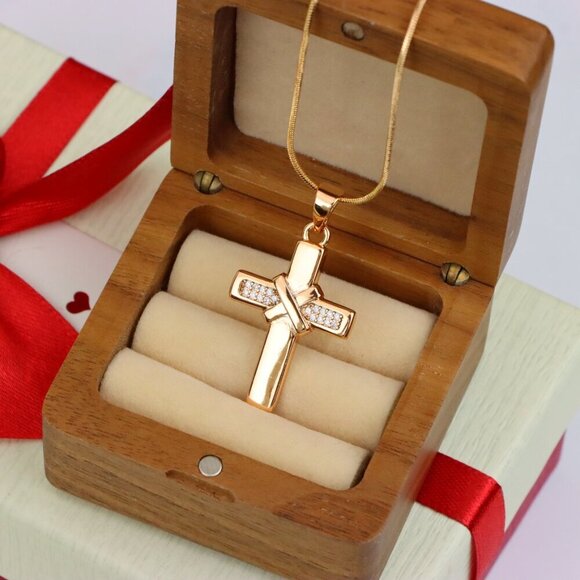 "Rose Gold Cross Pendant with Crystal Detail and Polished Finish, XPPT1484 - Picture 8 of 13